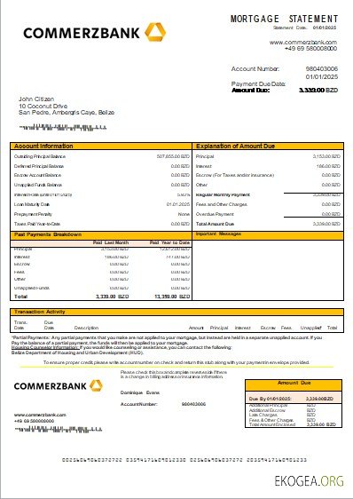 Relevé hypothécaire de la banque Belize Commerzbank scr